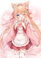 1girl animal_ear_fluff animal_ears apron artist_name bangs blonde_hair blue_eyes blush commentary_request cowboy_shot d dress eyebrows_visible_through_hair eyes_visible_through_hair floral_background flower fox_ears fox_girl fox_tail frilled_dress frills hair_between_eyes hair_flower hair_ornament hair_ribbon hairclip hands_up heart heart_hands highres kata_rosu long_hair long_sleeves maid maid_apron maid_headdress milestone_celebration one_eye_closed open_mouth original pink_background red_dress red_ribbon ribbon sensitive short_dress smile solo standing tail tail_raised thank_you thighhighs twintails very_long_hair white_legwear white_thighhighs wide_sleeves zettai_ryouiki // 1254x1770 // 1.5MB