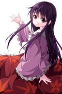 1_female 1girl bad_id bad_twitter_id black_eyes black_hair bow female frilled_sleeves frills fringe girl high_resolution highres houraisan_kaguya light_smile long_hair long_sleeves looking_back mature outstretched_arm purple_hair ruu_(tksymkw) safe simple_background single sitting smile solo tall_image touhou white_background wide_sleeves // 800x1200 // 449.5KB