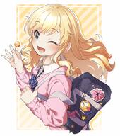 1girl absurdres bag blonde_hair blue_eyes bow bowtie candy clothing collared_shirt eyebrows_visible_through_hair female food gyaru handbag high_resolution highres holding holding_candy holding_food holding_lollipop holding_object idolmaster idolmaster_cinderella_girls jewelry keychain kogal lollipop long_hair loose_bowtie necklace ohtsuki_yui one_eye_closed ootsuki_yui s safe sankaku shirt simple_background solo striped striped_background sweater very_high_resolution wavy_hair white_background yellow_background yukie_(kusaka_shi) // 2441x2758 // 728.2KB