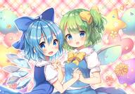 2girls aqua_eyes aqua_hair blush bow cirno daiyousei dress fairy female flowers green_hair konachan.com multiple_females mythical petals pjrmhm_coa ponytail safe short_hair tied_hair touhou waifu2x wings // 1600x1116 // 1.9MB