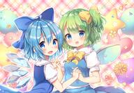 2_females 2girls aqua_eyes aqua_hair blush bow cirno daiyousei dress fairy female flowers green_hair konachan.com multiple_females mythical petals pjrmhm_coa ponytail safe short_hair tied_hair touhou waifu2x wings // 1600x1116 // 1.9MB