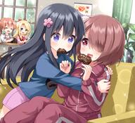 4girls ahoge bangs black_hair blonde_hair blouse blue_eyes blue_shirt bow brown_hair candy character_print chocolate chocolate_heart closed_eyes commentary_request d eyebrows_visible_through_hair eyes_closed flower food food_in_mouth green_eyes hair_between_eyes hair_bow hair_flower hair_ornament hair_over_one_eye heart heart-shaped_chocolate higero_(wataten) highres himesaka_noa holding holding_knife hoshino_hinata hoshino_miyako_(wataten) hug indoors jacket knife long_hair long_sleeves mouth_hold multiple_girls one_eye_covered open_mouth pants pink_flower pink_skirt print_shirt red_bow red_eyes red_jacket red_pants red_track_suit ruu_(tksymkw) safe sensitive shirosaki_hana shirt short_hair sitting skirt smile track_jacket track_pants track_suit valentine watashi_ni_tenshi_ga_maiorita! zipper_pull_tab // 1752x1600 // 2.0MB