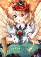 1girl animal animal_on_head arm_cannon bird bird_on_head bird_wings blonde_hair blush clothing collared_shirt cosplay crossover crow dress eyebrows_visible_through_hair feathered_wings female female_only frilled_skirt frills green_skirt hair_between_eyes high_resolution multicolored_hair niwatari_kutaka on_head open_mouth orange_eyes puffy_short_sleeves puffy_sleeves red_eyes red_hair reiuji_utsuho reiuji_utsuho_(bird) reiuji_utsuho_(cosplay) ruu_(tksymkw) shirt short_hair short_sleeves skirt solo sweatdrop tail third_eye touhou touhou_project two-tone_hair weapon white_shirt wings yellow_wings // 1000x1400 // 1.1MB