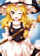 1girl apron bangs black_headwear black_skirt black_vest blonde_hair blue_background bow braid broom buttons cowboy_shot eyebrows eyebrows_visible_through_hair female frilled_hat frills hair_between_eyes hair_bow hat hat_bow highres holding holding_broom kirisame_marisa lolibooru long_hair looking_at_viewer one_eye_closed petticoat puffy_short_sleeves puffy_sleeves purple_bow ruu_(tksymkw) safe shirt short_sleeves side_braid single_braid skirt smile solo standing teeth touhou touhou_project turtleneck v-shaped_eyebrows vest waist_apron white_apron white_bow white_shirt witch_hat yellow_eyes // 1000x1400 // 1003.3KB