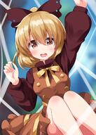 1girl bangs blonde_hair blush bow brown_dress brown_eyes brown_ribbon brown_shirt buttons dress eyebrows_visible_through_hair frilled_dress frills hair_bow highres holding kurodani_yamame legs lolibooru long_sleeves looking_at_viewer one-hour_drawing_challenge open_mouth pinafore_dress ribbon ruu_(tksymkw) safe shirt short_hair silk spider_web teeth touhou touhou_project turtleneck upper_teeth // 1000x1400 // 888.8KB