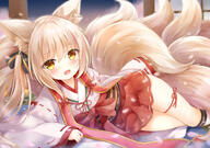 1girl animal_ear_fluff animal_ears bangs blonde_hair blush bow d eyebrows_visible_through_hair eyes_visible_through_hair fox_ears fox_girl fox_tail gun hair_between_eyes hair_bow hair_over_shoulder highres japanese_clothes kata_rosu kimono kitsune kneehighs kyuubi long_hair long_sleeves looking_at_viewer lying miniskirt multiple_tails on_side open_mouth original red_ribbon red_skirt ribbon safe skirt smile solo tail thigh_ribbon two_side_up white_legwear wide_sleeves yellow_eyes // 1617x1138 // 1.4MB