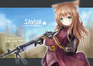 1girl animal_ear_fluff animal_ears backpack bag bangs blush brown_hair cat_ears checkered checkered_skirt eyebrows_visible_through_hair green_eyes gun hair_between_eyes holding holding_weapon kata_rosu long_hair machine_gun miniskirt original skirt solo weapon // 1416x1003 // 847.2KB