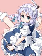 1_female 1girl apron blue_eyes blush bow braid_(braids) breasts eyelashes female fringe from_above girl hair_bow headdress high_resolution highres holding izayoi_sakuya knife long_hair looking_at_viewer maid maid_apron maid_headdress pink_background pov puffy_sleeves purple_hair ruu_(tksymkw) safe short_sleeves silver_hair simple_background single small_breasts solo tall_image touhou turning_head twin_braids uniform weapon // 1000x1333 // 736.3KB