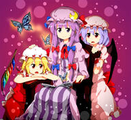 3_girls 3girls arthropod ascot bat_wings blonde_hair bonnet book bow bug butterfly chair chin_rest dress female female_focus flandre_scarlet girl hair_bow hand_on_head hand_on_headwear hat head_rest headpat insect long_hair multiple_females multiple_girls o open_book open_mouth patchouli_knowledge petting purple_eyes purple_hair reading red_eyes remilia_scarlet ruu_(tksymkw) safe short_hair sitting smile striped the_very_hungry_caterpillar touhou wings // 1100x1000 // 658.9KB