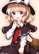 1girl bag black_headwear black_skirt blonde_hair blush book clothing collared_shirt cosplay crossover eyebrows_visible_through_hair female female_only hair_between_eyes hat headwear high_resolution highres holding holding_book holding_object long_sleeves maribel_hearn necktie open_mouth purple_eyes red_necktie red_neckwear ruu_(tksymkw) safe shirt short_hair shoulder_bag skirt smile solo touhou touhou_project usami_renko usami_renko_(cosplay) white_shirt // 1000x1400 // 864.3KB