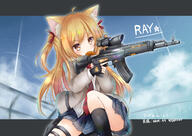 1girl animal_ear_fluff animal_ears bangs black_legwear blonde_hair blue_skirt cat_ears checkered checkered_skirt coat eating eyebrows_visible_through_hair gun holding holding_weapon holstered_weapon kata_rosu machine_gun miniskirt necktie original red_necktie shirt skirt solo two_side_up weapon white_shirt // 1416x1003 // 864.2KB