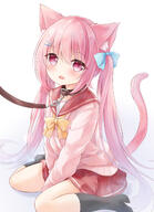 1girl animal_ear_fluff animal_ears bangs belt_collar between_legs black_socks blush bow bowtie brown_collar cardigan cat_ears cat_girl cat_tail collar collarbone eyes_visible_through_hair fang full_body hair_between_eyes hair_ornament hairclip hand_between_legs highres kata_rosu kneehighs leash long_hair long_sleeves looking_at_viewer miniskirt no_shoes o original pink_cardigan pink_eyes pink_hair pleated_skirt red_sailor_collar red_skirt sailor_collar school_uniform serafuku sitting skirt socks solo tail tail_raised very_long_hair wariza yellow_bow yellow_bowtie // 1003x1384 // 740.8KB