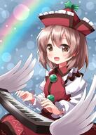 1girl bangs blue_background blush brown_eyes brown_hair d frilled_shirt_collar frills hair_between_eyes hat highres instrument juliet_sleeves keyboard_(instrument) long_sleeves looking_at_viewer lyrica_prismriver open_mouth puffy_sleeves rainbow red_skirt red_vest ruu_(tksymkw) shirt short_hair skirt smile solo touhou upper_body vest white_shirt // 1000x1400 // 993.8KB