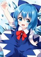 1girl arm_up bangs blue_background blue_bow blue_dress blue_eyes blue_hair bow bowtie cirno clenched_hand d dress eyebrows_visible_through_hair from_above hair_bow highres ice ice_wings lolibooru looking_at_viewer open_mouth pinafore_dress red_bow red_neckwear ruu_(tksymkw) safe shirt short_hair short_sleeves smile solo touhou touhou_project white_shirt wings // 1000x1400 // 830.0KB
