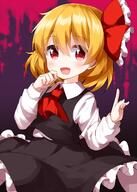 1girl ascot black_skirt black_vest blonde_hair blush collared_shirt eyebrows_visible_through_hair frilled_skirt frills hair_between_eyes hair_ribbon highres lolibooru long_sleeves open_mouth red_ascot red_eyes red_ribbon ribbon rumia ruu_(tksymkw) safe shirt short_hair skirt smile solo touhou touhou_project vest white_shirt // 1000x1400 // 767.4KB