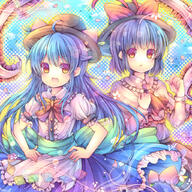 2_females 2_girls 2girls ahoge bad_id bad_pixiv_id blue_hair capelet dress female frills fruit girl hands_on_hips hat hat_ribbon hinanawi_tenshi hips long_hair looking_away multiple_females multiple_girls nagae_iku open_mouth peach petals pjrmhm_coa purple_hair red_eyes ribbon safe shawl short_hair touhou very_long_hair // 1024x1024 // 261.9KB