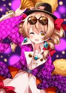 1girl blush brown_hair clothing curly_hair dress fan female hat headwear high_resolution jacket jewelry one_eye_closed ruu_(tksymkw) solo sunglasses tied_hair touhou touhou_project twintails wink yellow_eyes yorigami_jo'on yorigami_joon // 1000x1400 // 1.2MB