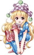 1_female 1girl american_flag_dress american_flag_legwear bent_knee_(knees) blonde_hair blush breasts clownpiece commentary_request d dress eyebrows eyebrows_visible_through_hair female frilled_shirt_collar frills fringe full_body girl hair_between_eyes hand_on_knee hat headdress horizontal-striped_legwear horizontal_stripes jester_cap leaning leaning_forward long_hair looking_at_viewer mature medium_breasts neck_ruff no_shoes open_mouth pantyhose pink_eyes polka_dot polka_dot_hat polka_dot_headwear pom_pom_(clothes) pov print_legwear purple_hat purple_headwear ruu_(tksymkw) safe short_sleeves simple_background single smile solo star star_(symbol) star_print striped striped_legwear tall_image thighs touhou v_arms very_long_hair wavy_hair white_background // 740x1200 // 472.7KB