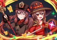 2girls black_hair brown_hair crossover duo female genshin_impact high_resolution highlights hu_tao_(genshin_impact) kono_subarashii_sekai_ni_shukufuku_wo! large_filesize long_hair medium_hair megumin multiple_girls one_eye_closed pixiv_id_39952532 safe sankaku_channel seiyuu_connection very_high_resolution wink // 3508x2480 // 5.6MB