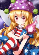 1girl american_flag_dress american_flag_legwear blonde_hair blush clownpiece dress fairy fairy_wings fire frilled_shirt_collar frills hat highres jester_cap light_smile long_hair looking_at_viewer moon pantyhose polka_dot ruu_(tksymkw) short_sleeves sky solo star_(sky) star_(symbol) starry_sky striped striped_legwear touhou touhou_project very_long_hair wings // 1000x1400 // 953.5KB