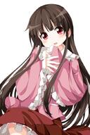 1_female 1girl black_hair blush brown_hair female frills fringe girl houraisan_kaguya long_hair long_sleeves looking_at_viewer mature open_mouth pink_eyes pov rakugakiyarou red_eyes ruu_(tksymkw) safe shirt simple_background single skirt smile solo tall_image touhou very_long_hair white_background wide_sleeves ぐーや＠深夜の真剣お絵描き60分一本勝負 るう２ 東方 東方project100users入り 蓬莱山輝夜 // 600x900 // 295.1KB