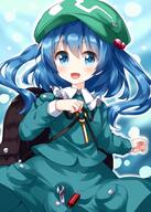 1girl backpack bag blue_eyes blue_hair blue_shirt clothing eyebrows_visible_through_hair female female_only green_headwear hair_between_eyes hair_ornament hat headwear high_resolution kappa kawashiro_nitori key long_sleeves looking_at_viewer open_mouth ruu_(tksymkw) shirt short_hair short_twintails sidelocks skirt smile solo tied_hair touhou touhou_project twintails two_side_up // 1000x1400 // 1.0MB