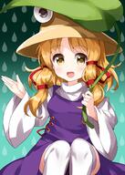 1girl bangs blonde_hair brown_headwear d eyebrows_visible_through_hair gradient gradient_background green_background highres holding holding_umbrella leaf_umbrella lolibooru long_sleeves looking_at_viewer medium_hair moriya_suwako open_mouth purple_skirt purple_vest ruu_(tksymkw) safe shirt sidelocks sitting skirt smile solo thigh-highs thighhighs touhou touhou_project umbrella vest water_drop white_legwear white_shirt wide_sleeves yellow_eyes // 1000x1400 // 815.6KB