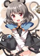1girl animal_ears bangs crossed_arms crystal dress eyebrows_visible_through_hair grey_dress grey_hair hair_between_eyes highres lolibooru long_sleeves looking_at_viewer mouse_ears mouse_tail nazrin open_mouth red_eyes ruu_(tksymkw) safe short_hair smile solo tail touhou touhou_project white_sleeves yellow_background // 1000x1400 // 954.3KB