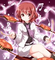 belt blazer brown_hair checkered_shirt cross crossed_legs drum drum_set drumsticks fringe girl hair_between_eyes horikawa_raiko looking_at_viewer mitsudomoe_(shape) music musical_instrument musical_note necktie playing_instrument red_eyes red_hair ruu_(tksymkw) shirt short_hair single sitting skirt smile suit tall_image touhou // 1700x1848 // 463.7KB