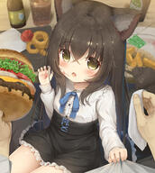 1girl 1other 2d_art animal_ear_fluff animal_ears arm_up black_skirt bottle brown_eyes brown_hair burger child clothing dirty dog_ears dog_girl dog_tail drooling eyebrows eyebrows_visible_through_hair fang female female_child food gelbooru hamburger high_resolution highres inumimi long_hair looking_at_viewer one_arm_up open_mouth original pixiv_942719 pixiv_98124909 pov psyche3313 psyche47 s saliva sankaku sensitive shirt shirt_grab sitting skirt tail white_shirt もう一つ食べる？ オリジナル プシュケー 獣耳 // 1204x1341 // 823.4KB