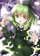 1girl bangs black_headwear black_ribbon blush d dress green_dress green_eyes green_hair hair_between_eyes hat highres long_sleeves looking_at_viewer neck_ribbon open_mouth ribbon ruu_(tksymkw) short_hair smile soga_no_tojiko solo tate_eboshi touhou // 1000x1400 // 1.2MB