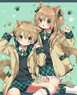 1boy 1girl animal_ears aqua_eyes blonde_hair blue_eyes blush closed_mouth dog_boy dog_ears dog_girl dog_tail frown highres long_hair looking_at_viewer matching_outfit open_mouth original rii_(pixiv11152329) short_hair shorts siblings skirt socks tail twins // 1312x1611 // 1.0MB