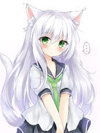 1girl animal_ear_fluff animal_ears cat_ears cat_girl cat_tail ear_wiggle green_eyes highres kata_rosu long_hair looking_at_viewer miniskirt necktie original safe school_uniform serafuku shirt short_sleeves silver_hair skirt spoken_ellipsis tail // 963x1288 // 632.7KB