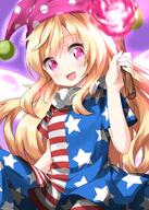 1girl american_flag_legwear american_flag_shirt bangs blonde_hair blue_pants blue_shirt blue_sleeves blush breasts clownpiece d eyebrows_visible_through_hair fairy_wings fire hair_between_eyes hand_up hat highres jester_cap lolibooru long_hair looking_at_viewer medium_breasts multicolored multicolored_clothes multicolored_pants multicolored_shirt multicoloured multicoloured_clothes one-hour_drawing_challenge open_mouth pants pink_eyes pink_fire pink_headwear polka_dot purple_background red_pants red_shirt red_sleeves ruu_(tksymkw) safe shirt short_sleeves simple_background sitting smile solo star_(symbol) star_print striped striped_pants striped_shirt torch touhou touhou_project white_pants white_shirt white_sleeves wings // 1000x1400 // 229.0KB