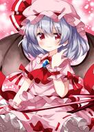 1girl ascot bat_wings blue_hair blush closed_mouth dress eyebrows_visible_through_hair frilled_dress frills hair_between_eyes hat highres lolibooru mob_cap pink_dress pink_headwear polearm puffy_short_sleeves puffy_sleeves red_ascot red_eyes remilia_scarlet ruu_(tksymkw) safe short_hair short_sleeves smile solo spear spear_the_gungnir touhou touhou_project weapon wings wrist_cuffs // 1000x1400 // 1.1MB