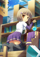 black_legwear black_thighhighs blush book book_(books) bookshelf breast_press breasts brown_eyes brown_hair ceiling day feet female girl hair_ornament hairclip high_resolution highres kneeling legwear looking_back masaki_(machisora) miniskirt no_shoes open_mouth original pixiv_1311751 pixiv_32771041 safe school_uniform short_hair single skirt sky soles tall_image thigh-highs thighhighs uniform // 1020x1443 // 1.1MB