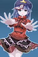 1_female bad_id bad_twitter_id blue_background blue_eyes blue_hair chinese_clothes female fringe girl gradient gradient_background hair_ornament hat jiangshi matching_haireyes miyako_yoshika ofuda open_mouth outstretched_arms pale_skin ruu_(tksymkw) safe short_hair simple_background single skirt solo star star_(symbol) tall_image touhou traditional_clothes zombie zombie_pose // 666x1000 // 390.1KB