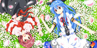 2_girls 2girls alternate_hair_color ascot blue_hair cherry_blossoms clothes_removed dress female female_focus food frills fruit girl hat hat_on_chest hat_removed headwear_removed hinanawi_tenshi long_hair lying multiple_females multiple_girls nagae_iku open_mouth peach petals purple_hair red_eyes red_hair rotational_symmetry ruu_(tksymkw) safe shawl short_hair smile touhou wide_image // 1300x650 // 856.4KB