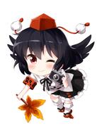 1girl armband bangs belt bird_wings black_belt black_hair black_ribbon black_wings blush camera chibi closed_mouth clothing collared_shirt fan feathered_wings female footwear frilled_skirt frills geta hat hauchiwa headwear high_resolution holding holding_camera legwear one_eye_closed pom_pom_(clothes) red_eyes red_footwear red_headwear ribbon ruu_(tksymkw) shameimaru_aya shirt short_hair short_sleeves simple_background skirt smile socks tengu-geta tokin_hat touhou touhou_project wafuku white_background white_legwear white_shirt wings wink // 1000x1400 // 516.1KB