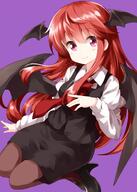 1_female 1girl bat_wings black_footwear black_skirt black_vest blush danbooru danbooru-safebooru demon demon_girl demon_wings female footwear fringe gelbooru girl hair_between_eyes head_wings heels high_heels high_resolution highres koakuma long_hair long_sleeves looking_at_viewer mature necktie pantyhose pencil_skirt pink_eyes pov purple_background red_eyes red_hair red_neckwear ruu_(tksymkw) s safe safebooru shirt shoes simple_background single sitting skirt skirt_set smile solo tall_image touhou very_long_hair vest white_shirt wings // 1000x1400 // 801.0KB