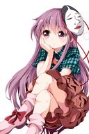 1_female 1girl blush bow checkered_shirt chin_rest crossed_legs female fringe girl hata_no_kokoro head_rest legs_crossed long_hair mask mask_on_head mature noh_mask pink_eyes pink_hair plaid plaid_shirt ruu_(tksymkw) safe shirt simple_background single sitting skirt solo star_(symbol) tall_image touhou white_background // 666x1000 // 416.8KB