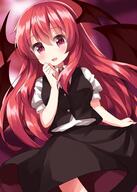 1girl bangs bat_wings breasts dutch_angle hair_between_eyes hand_up head_wings highres koakuma long_hair looking_at_viewer open_mouth red_eyes red_hair ruu_(tksymkw) skirt solo touhou wings // 1000x1400 // 168.4KB