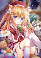 1girl animal_ear_fluff animal_ears bangs blonde_hair blue_eyes blush cake cake_slice cat_ears christmas dated eating eyebrows_visible_through_hair food hair_ornament hairclip hat highres kata_rosu long_hair looking_at_viewer original santa_dress santa_hat solo tail twitter_username two_side_up // 1016x1458 // 1.2MB