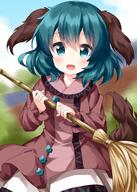 1girl animal_ears blush broom dog_ears dog_tail dress eyebrows_visible_through_hair green_eyes green_hair hair_between_eyes highres holding holding_broom kasodani_kyouko lolibooru long_sleeves looking_at_viewer open_mouth pink_dress ruu_(tksymkw) safe short_hair smile solo tail touhou touhou_project upper_body // 1000x1400 // 1.1MB