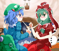 2_females 2_girls backpack bag basket blue_eyes blue_hair blurry blush bow cap chopsticks depth_of_field dress eating female flat_cap food frills front_ponytail fruit girl green_eyes green_hair hair_bobbles hair_bow hair_ornament hair_ribbon hat igloo kagiyama_hina kawashiro_nitori key lantern long_hair mandarin_orange mochi multiple_females multiple_girls ponytail purple_eyes quinzhee randoseru ribbon ribbon_(ribbons) ruu_(tksymkw) safe short_hair snow_shelter tied_hair touhou two_side_up wagashi // 1200x1029 // 648.4KB