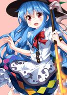 1_female 1girl black_hat black_headwear blue_hair blush bow bowtie center_frills commentary d danbooru danbooru-safebooru eyebrows eyebrows_visible_through_hair female frills fringe gelbooru girl hair_between_eyes hat high_resolution highres hinanawi_tenshi hisou_no_tsurugi long_hair looking_at_viewer mature open_mouth pink_background pov puffy_short_sleeves puffy_sleeves rainbow_gradient red_eyes red_neckwear ruu_(tksymkw) safe safebooru short_sleeves simple_background single smile solo sword sword_of_hisou tall_image touhou weapon // 1000x1400 // 1.0MB