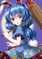 1girl ambiguous_red_liquid animal_ears blue_dress blue_hair blush bunny_ears crescent_print dress earclip eyebrows_visible_through_hair frilled_sleeves frills hair_between_eyes highres holding kine long_hair looking_at_viewer mallet open_mouth puffy_short_sleeves puffy_sleeves rabbit_ears rabbit_tail red_eyes ruu_(tksymkw) safe seiran_(touhou) short_sleeves smile solo star_(symbol) star_print tail touhou touhou_project // 1000x1400 // 1.1MB