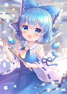 1girl ascot bare_shoulders blue_bow blue_eyes blue_hair blue_skirt blush bow cherry_blossoms cirno cosplay detached_sleeves detached_wings eyebrows_visible_through_hair fairy gohei hair_between_eyes hair_bow hakurei_reimu hakurei_reimu_(cosplay) holding ice ice_wings japanese_clothes nontraditional_miko open_mouth pjrmhm_coa ribbon-trimmed_sleeves ribbon_trim safe short_hair skirt smile solo touhou upper_body wide_sleeves wings yellow_ascot // 715x1000 // 130.6KB