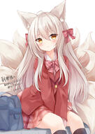 1girl 3 ahoge animal_ear_fluff animal_ears bag bangs between_legs black_socks blush bow bowtie cardigan closed_mouth collared_shirt commission cowboy_shot eyes_visible_through_hair formal fox_ears fox_girl fox_tail grey_hair hair_between_eyes hair_bow hand_between_legs highres jacket kata_rosu kneehighs long_hair long_sleeves looking_at_viewer miniskirt multiple_tails original pink_bow pink_bowtie pink_cardigan pink_jacket pink_skirt plaid plaid_bow plaid_bowtie plaid_skirt school_bag school_uniform shirt shoulder_bag signature simple_background sitting skeb_commission skirt skirt_suit smile socks solo suit suit_jacket tail tail_raised thighs two_side_up very_long_hair white_background white_shirt yellow_eyes zettai_ryouiki // 1158x1637 // 1.0MB