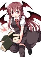 1_female bad_id bad_twitter_id black_legwear black_thighhighs blush bodily_fluids book book_(books) demon_wings dress_shirt female footwear girl head_wings koakuma legwear long_hair looking_down mature necktie open_mouth red_eyes red_hair red_necktie red_neckwear ruu_(tksymkw) safe shirt shoes simple_background single skirt skirt_set solo sweat sweatdrop tall_image thigh-highs thighhighs touhou very_long_hair vest white_background wings // 727x1000 // 406.6KB